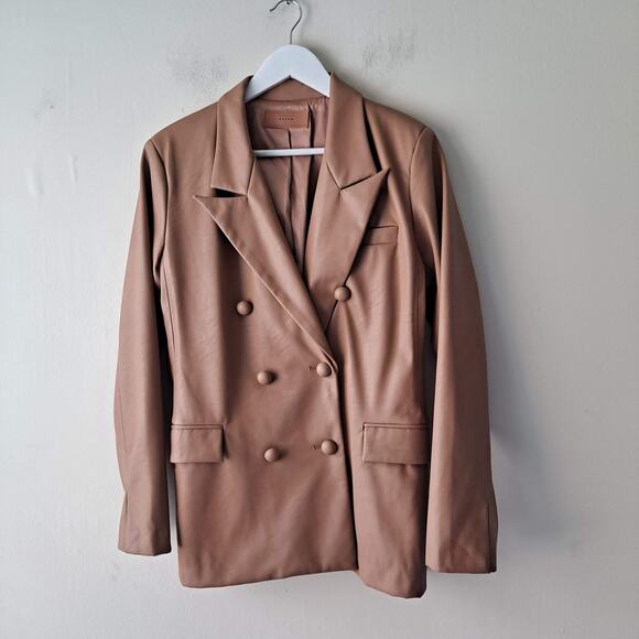 BLANKNYC Womens Vegan Leather Double Breasted Blazer Murky Waters Tan Size M - Picture 7 of 16